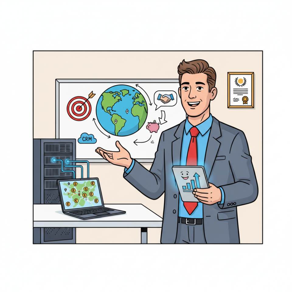 Comic-Darstellung eines Vertriebsmitarbeiters mit Laptop, Angebot und Kundenberatung im Büro und Außendienst