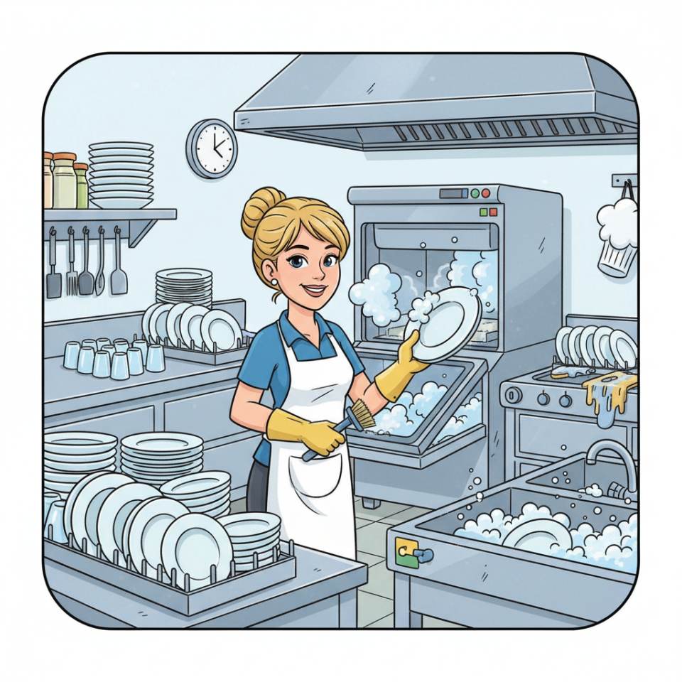 Comic illustration of a dishwasher at a dishwashing machine with stacks of crockery, glasses and kitchen utensils