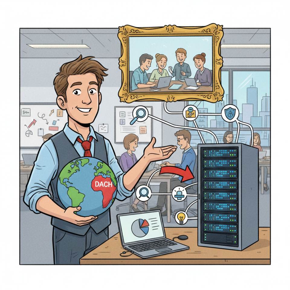 Ilustración cómic de un jefe de área con tablet, organigrama y equipo en una oficina